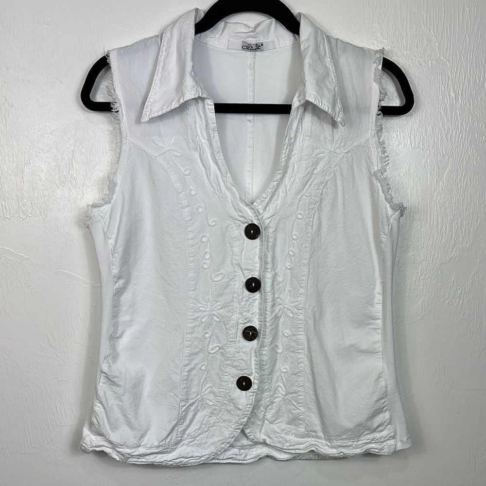 Giocam White Cotton Sleeveless Embroidered Button-Up Top Size L
